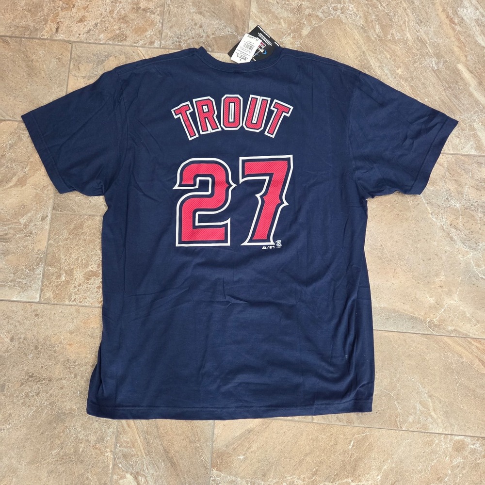 NWT Majestic‎ Los Angeles Angels Mike Trout MLB Navy Blue T-Shirt Mens 2XL